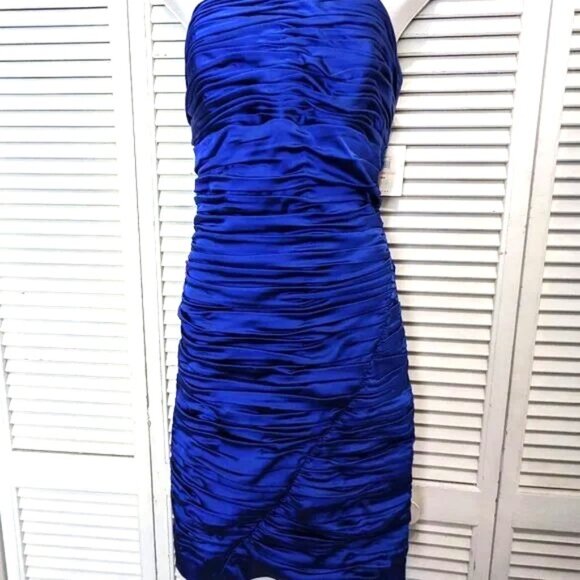 Calvin Klein Bodycon Cocktail Wiggle Dress Sz 10 Royal Blue Satin NWT Ruched - Picture 4 of 13